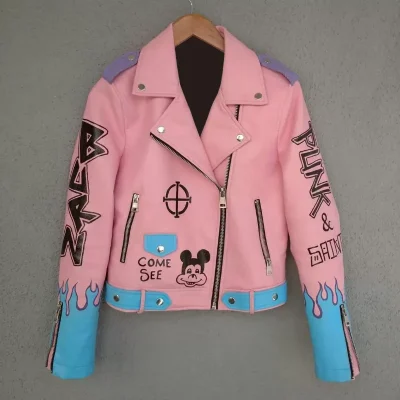 Hand Painted Flame Pink Biker Punk Style Leather Jacket 3.jpg
